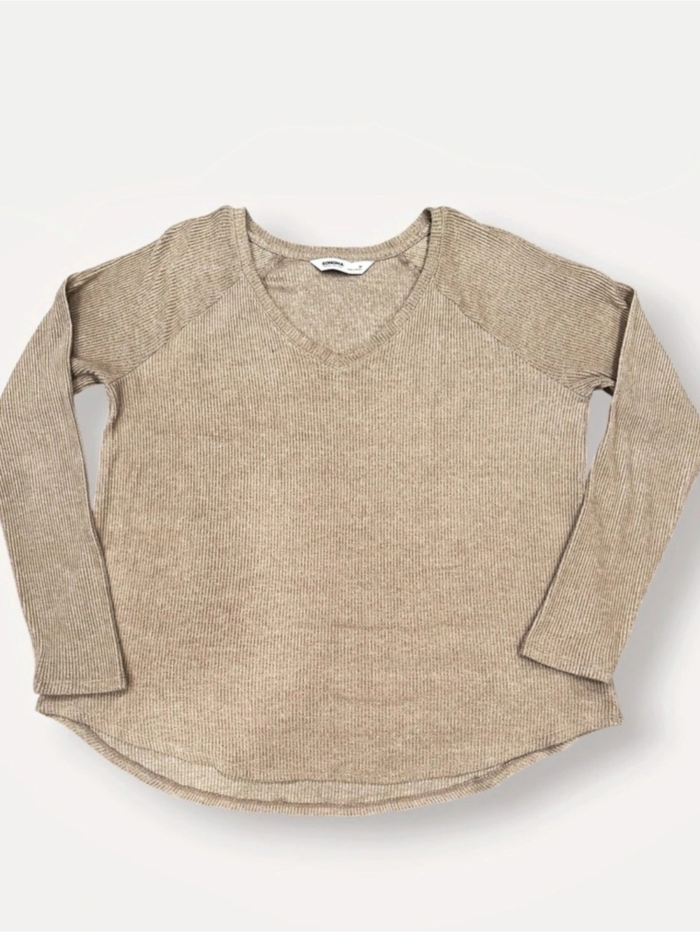 Sonoma Oatmeal Ribbed Knit V-Neck Top Long Sleeve Curved Hem |Size M